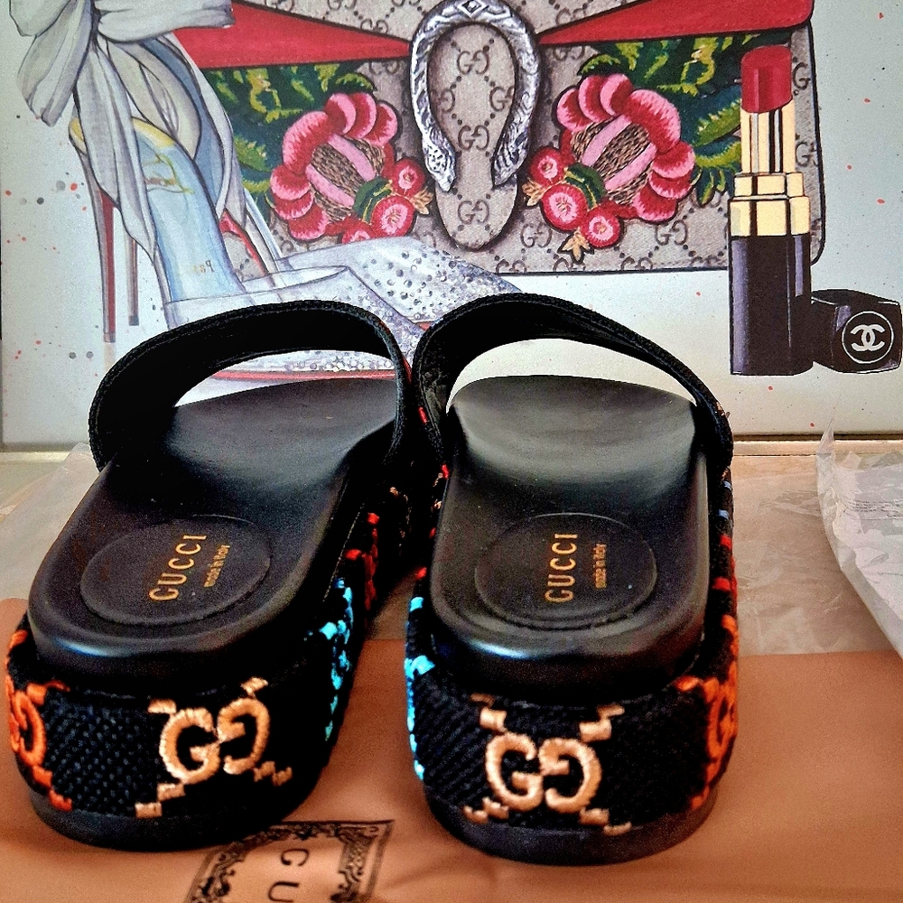Gucci Angelina Multicolor Embroidered Platform Sandals Size EU44/11 - Picture 4 of 12